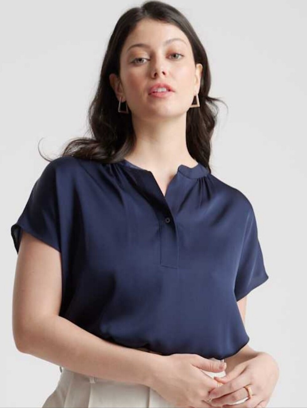 Quince Silk Blue V-Neck Henley Blouse